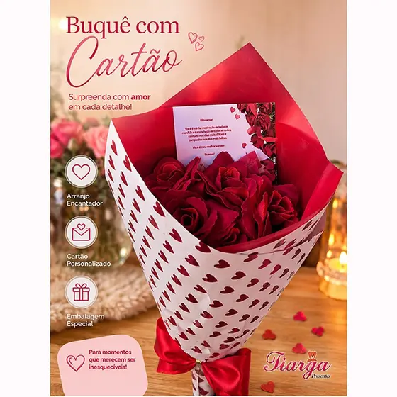 Buquê De Rosas Vermelhas + Cartão Presente Romântico Namorados