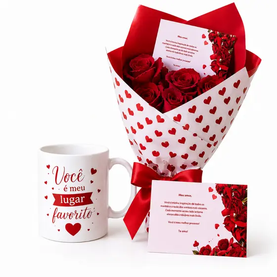 Buquê De Rosas Vermelhas + Cartão + Caneca Presente Romântico Namorados