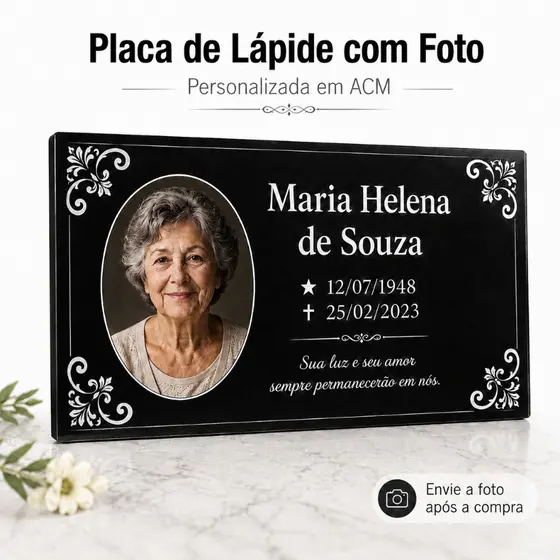 Placa Lápide Personalizada Foto Nome Datas Túmulo Jazigo Memorial Acrílico
