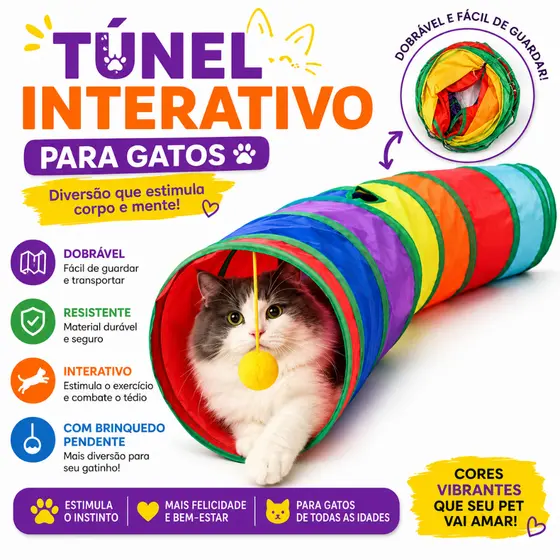 Túnel Colorido Gato Interativo Cachorro Labirinto Dobrável Pet Playground Toca Brinquedos Gatos