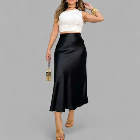 Saia Longa Midi de Cetim Feminina Elegante Festa Casual Roupa Feminina