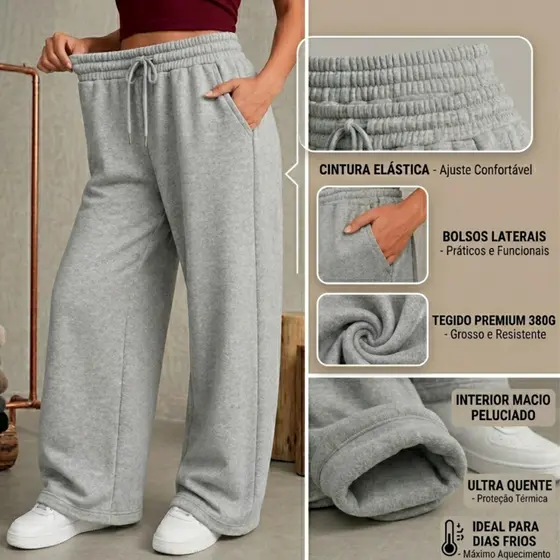 Calça Moletom Modelo Wide leg Despojada Lisa Algodão Feminina Casual Treino Forrada Hype