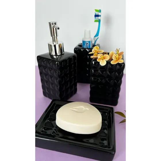 KIT 4 PEÇAS CONJUNTO BANHEIRO CERÂMICA PORTA SABONETE LIQUIDO PORTA ESCOVA DE DENTE SABONETEIRA