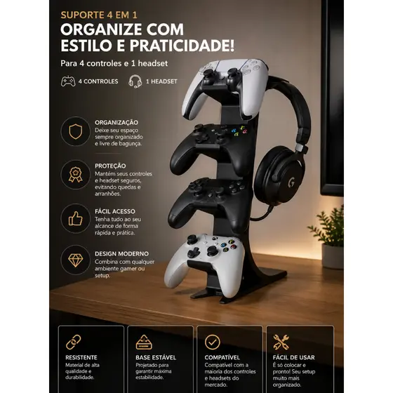 Suporte Para Até 4 Controles Xbox Playstation E Headsed