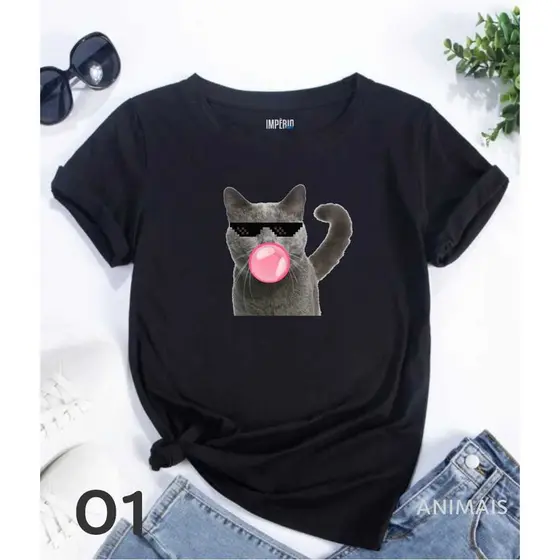 Camiseta Feminina Blusinha Gatinho com Chiclete