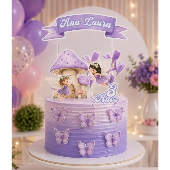 Topo de Bolo Fadinhas Personalizado Nome e Idade  Luxo ou Simples Jardim Encantado Infantil