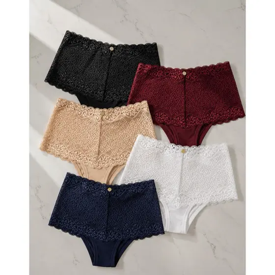 Kit 5 Calcinha Cinta Renda Cintura Alta Conforto E Modernidade modeladora cós alto pós parto