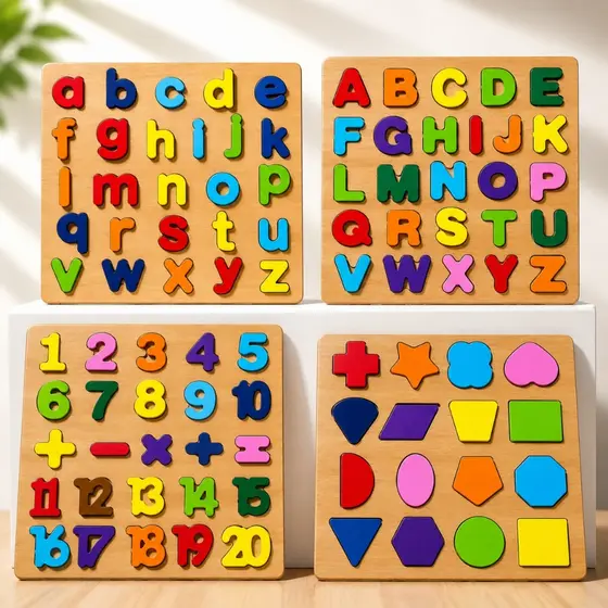 Kit 1-3 Tabuleiro Quebra Cabeça Educativo Pedagógico Montessori Madeira Alfabeto Matemática Números e Formas Geométricas
