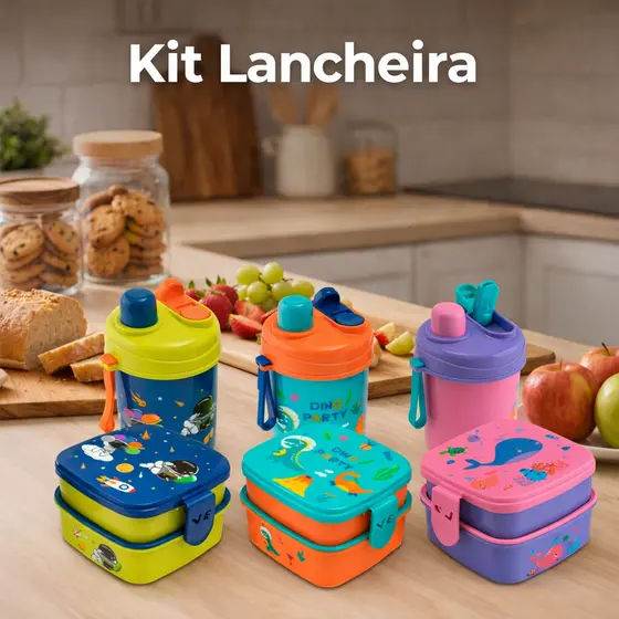 Kit Lancheira Marmita Infantil com Garrafa e Talheres Organização 4 Peças