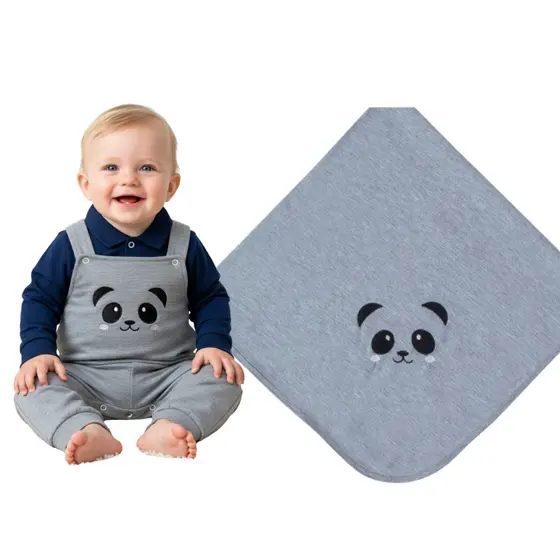 Saída Maternidade Menino Bebê Panda Mescla Com Sapatinho 05 Peças 100% Algodão