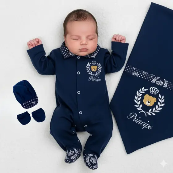 Saída Maternidade Bebê Menino Urso Branco 100% Algodão 04 Peças