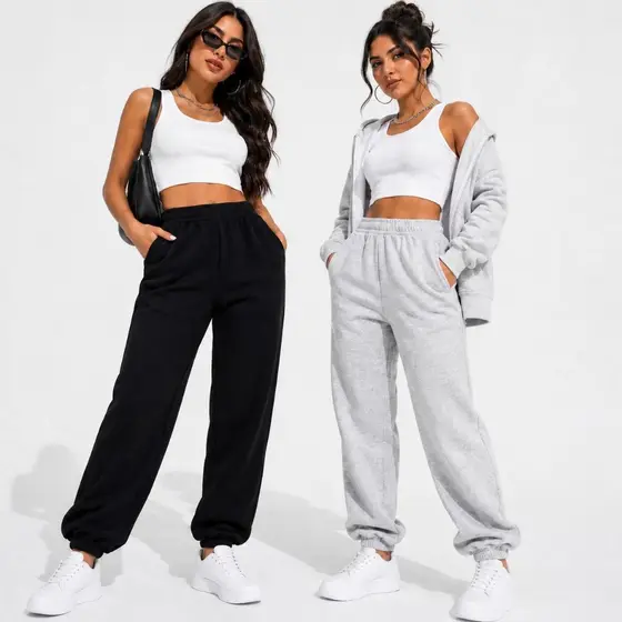 Kit 2 Calças Moletom Jogger Feminina Cintura Alta Punho Elástico Confortável Academia Inverno Casual Estilosa