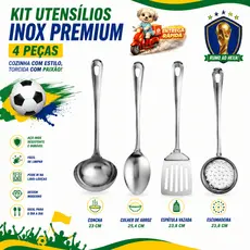 Kit Utensilio Premium aço Inox 4 Pecas Cozinha Restaurante Buffet Colher Concha Espatula Escumadeira