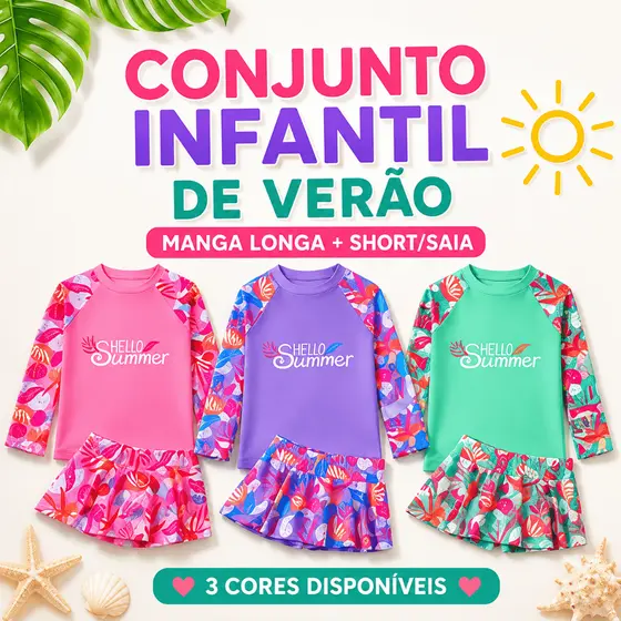 Conjunto Biquíni Infantil Roupa De Banho Feminino UV com Blusa E Short's Saia Estampada – Proteção UV Estilo Verão 2026