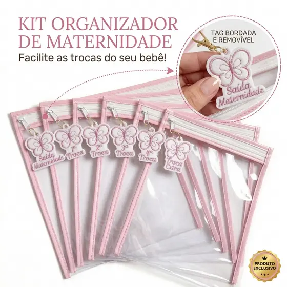 Kit 6 Saquinhos Maternidade com Zíper e Tag Bordada – Organizador Roupas Bebê e Mamãe 26x31cm
