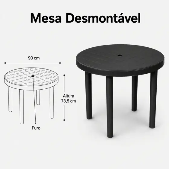 Mesa Redonda Desmontável Preta Plástico Pé Removível Área Externa Jardim Piscina Piquenique Promoção