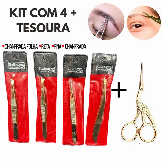 Kit 4 Pinças Solingen (Reta+Chanfrada+Ponta Agulha+Chanfrada Folha) + Tesourinha Design Sobrancelhas
