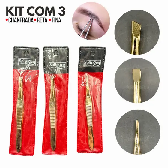 Kit 3 Pinças Solingen Para Designer De Sobrancelhas Aço Inox CHANFRADA+ AGULHA+ RETA - Esterilizável