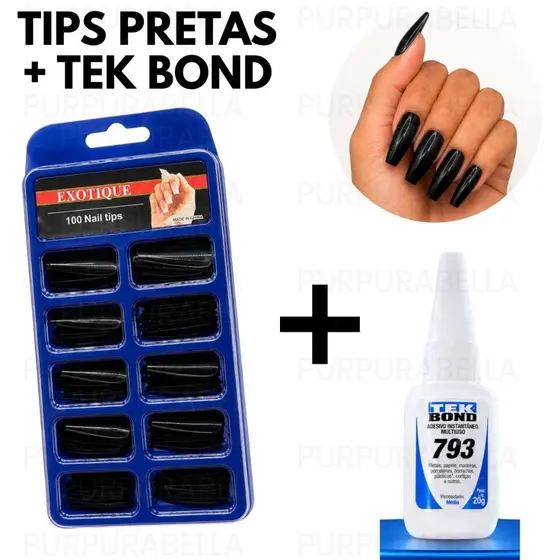 Kit Tips Unhas Postiças Pretas + Cola Tek Bond 20g / Longas Bailarina Almond Realista Manicure