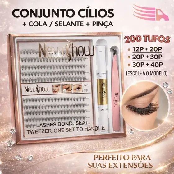 Kit Completo Extensão de Cílios com Pinça e Cola 12P+20P 20P+30P 30P+40P Tufo Sem Nó Tufinho NewShow
