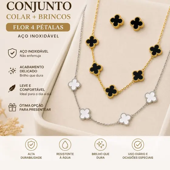 Conjunto Feminino Colar+Brincos Flor 4 Pétalas Aço Inoxidável Colorido Branco Preto Dourado Prateado