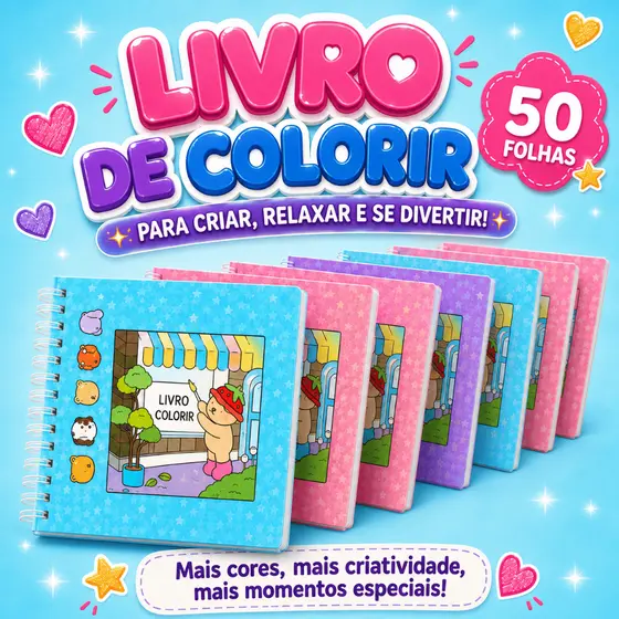 Kit Livros para Colorir Infantil Antiestresse Capa Dura Holográfica 50 Folhas – Escolha de 1 a 20