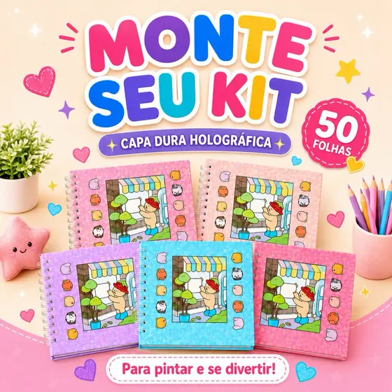 Monte seu Caderno de Colorir Infantil Capa Dura Holográfica com Folha de Acetato Protetora Removível