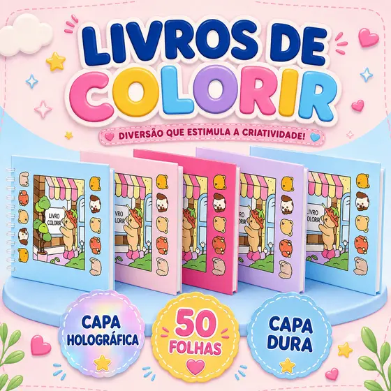 Kit Livros para Colorir Infantil Capa Dura Holográfica 50 Folhas Antiestresse 10 a 50 Unidades