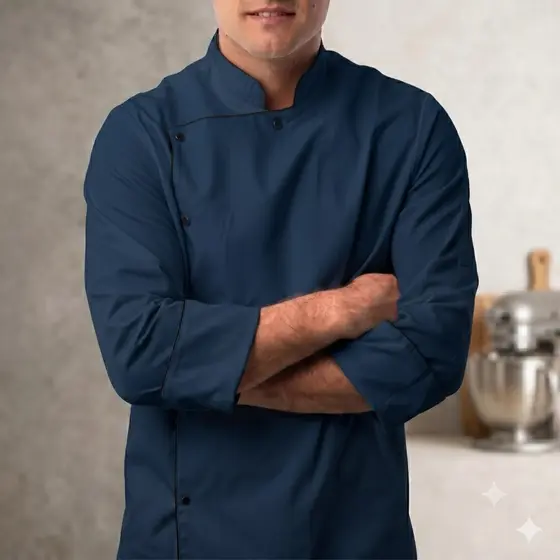 Dolmã Jaleco Chef Cozinha Oxford Azul Marinho Manga 3/8 Botão Pressão Nome Bordado Unissex Restaurante Dolma Doma