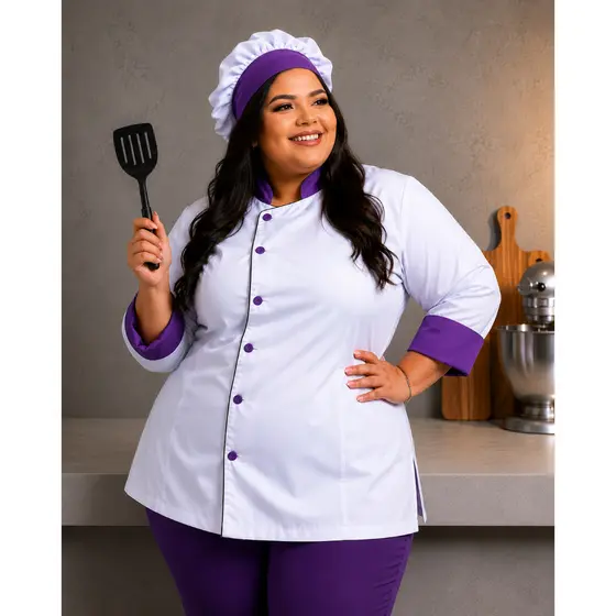 Kit Dolmã + Touca Feminina Chef Cozinha Confeiteira Oxford Manga 3/8 Botão Nome Bordado Gastronomia Restaurante Doma