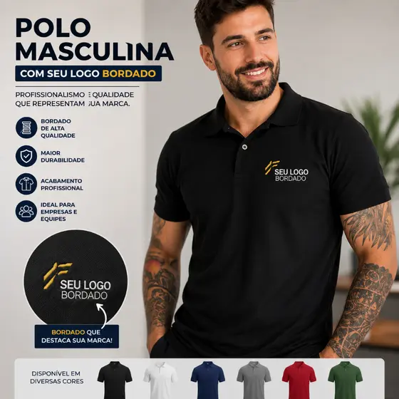 Camisa Polo Piquet Masculina Logo Bordado Uniforme Empresa Restaurante Trabalho Camiseta Polo Bordada Personalizada Algo