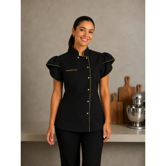 Dolmã Gabardine Manga Princesa Botão Rita - Bordado logo Incluso Chef Confeiteira Uniforme Profissional Dolma Dolmã doma