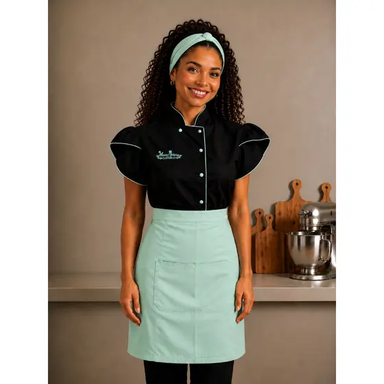 Kit Dolmã + Faixa + Avental Chef Confeiteira Gabardine Logo Bordado Jaleco Cozinha Gastronomia Restaurante Dolma Doma