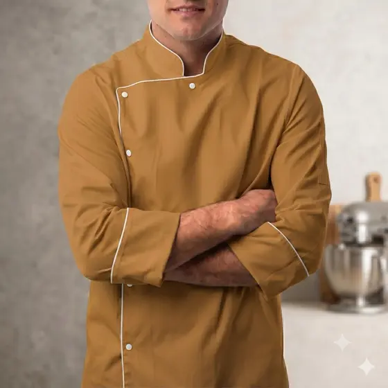 Dolmã Jaleco Chef Cozinha Oxford Caramelo Vivo Branco Manga 3/8 Botão Pressão Nome Bordado Unissex Restaurante