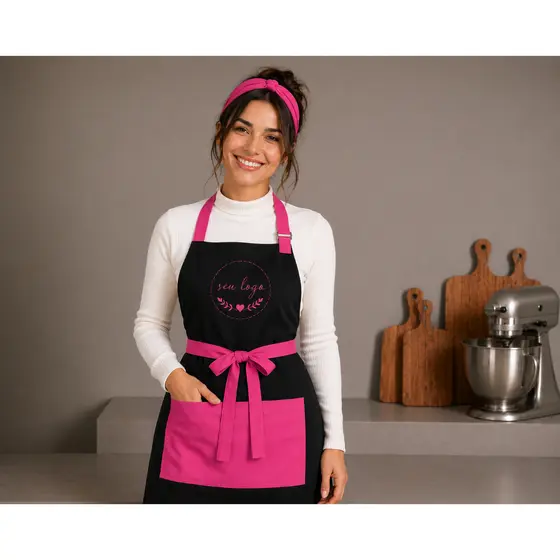Kit Avental + Faixa de Cabelo Oxford Bicolor Nome Logo Bordado Cozinha Confeitaria Estética Unissex Personalizado Restau