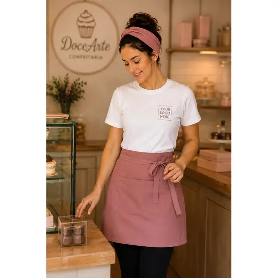 Kit Uniforme Confeitaria Personalizado Com Logo Bordado Camiseta Avental Faixa Profissional Feminino