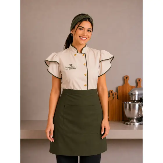Kit Dolmã + Faixa + Avental Chef Confeiteira Gabardine Bege Botão Latão Dourado Nome Logo Bordado Cozinha Dolma Doma