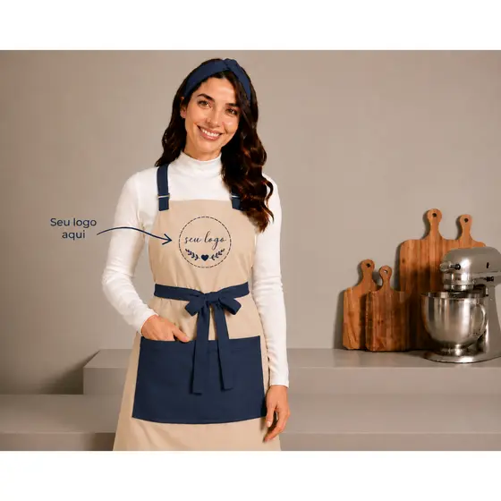 Kit Avental + Faixa de Cabelo Oxford Bicolor Nome Logo Bordado Cozinha Confeitaria Estética Unissex Personalizado Restau
