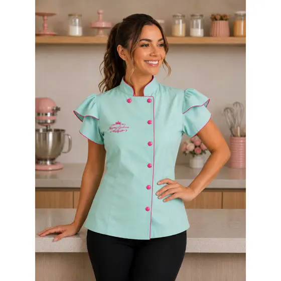 Dolmã Gabardine Manga Princesa Botão Rita - Bordado logo Incluso Chef Confeiteira Uniforme Profissional Dolma
