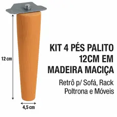 Kit 4 Pés Palito 12cm – Madeira Maciça com Suporte Metálico 🛋️