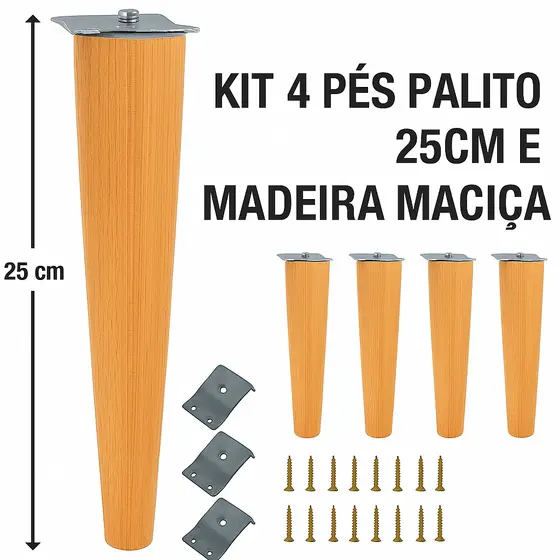 🔥 Kit Renovação Móveis: 4 Chapinhas Chanfradas + 4 Pés Palito 25 cm + 16 Parafusos