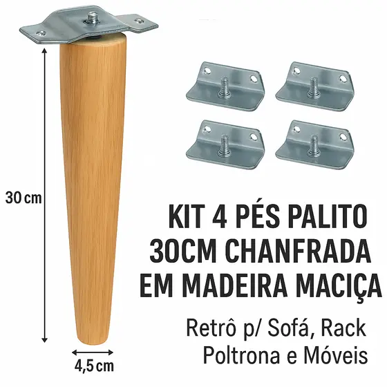 Kit Pés Palito 30cm Madeira Maciça + Chapinhas Metálicas | Ideal para Reforma de Móveis