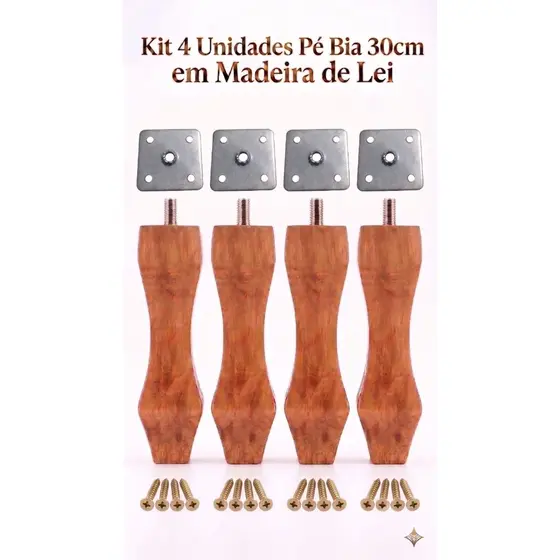 Kit 4 Pés Bia 30cm Madeira Maciça + 4 Chapinhas Retas + 16 Parafusos