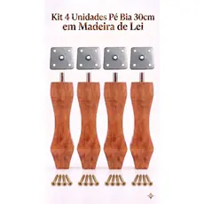 Kit 4 Pés Bia 30cm Madeira Maciça + 4 Chapinhas Retas + 16 Parafusos
