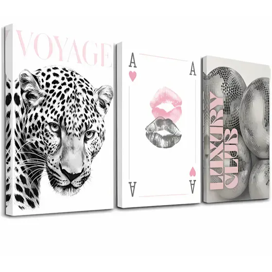 Kit 3 quadros decorativos onça black carta baralho luxury club bolas brilhantes elegante