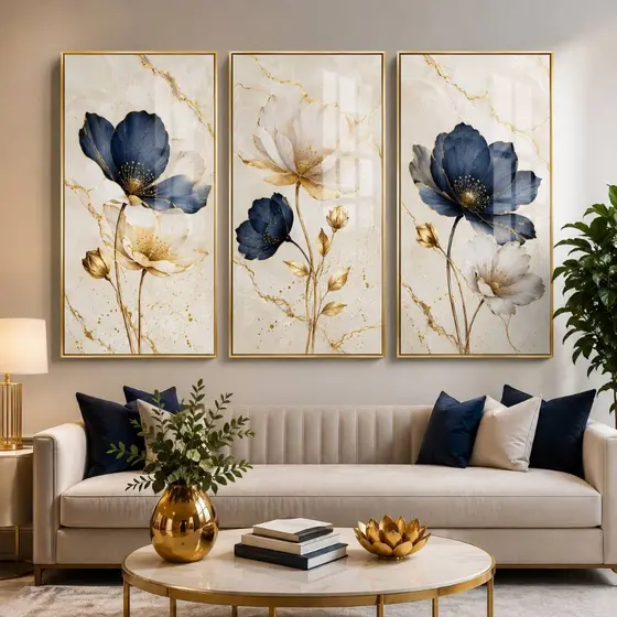 Quadros decorativos floral bege boho luxo azul royal fundo estilo mármore branco