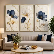 Quadros decorativos floral bege boho luxo azul royal fundo estilo mármore branco