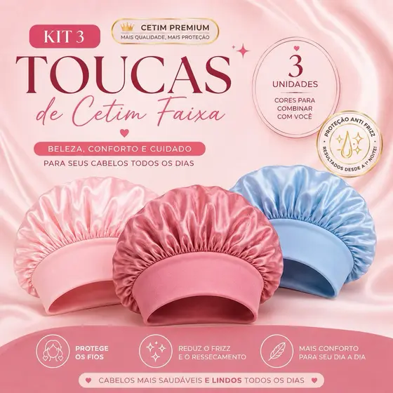 Kit 3 Toucas de Cetim Feminina Faixa Larga Não Aperta Touca de Dormir Anti Frizz Cabelo Cacheado Liso Crespo