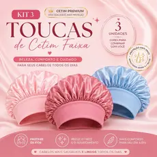 Kit 3 Toucas de Cetim Feminina Faixa Larga Não Aperta Touca de Dormir Anti Frizz Cabelo Cacheado Liso Crespo