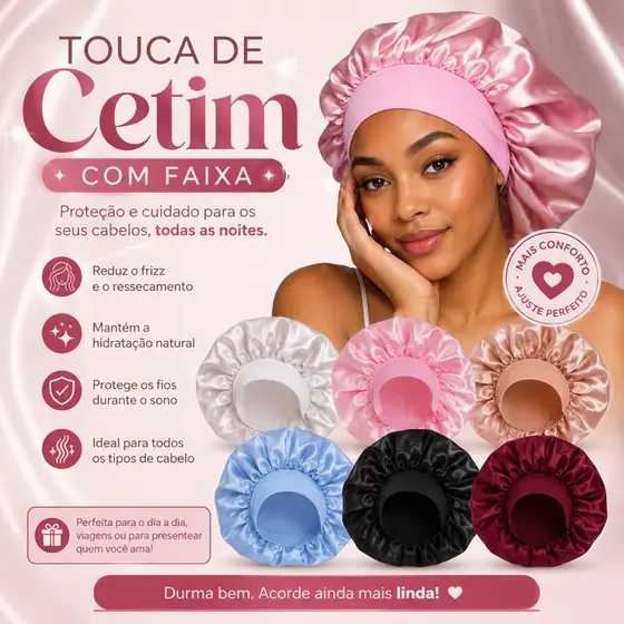 Touca de Cetim Anti Frizz com Faixa Larga para Dormir Banho Cozinha Proteção Capilar